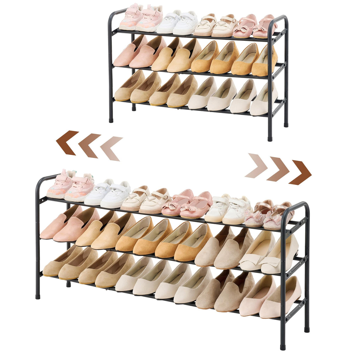 Gewudraw 3-Tier Shoe Rack Expandable, Width Adjustable Shoe Shelf Storage Organizer, 41.53'' Metal Standing Shoe Rack For Bedroom Entryway Closet, Holds Up To 18 Pairs Shoes, Black
