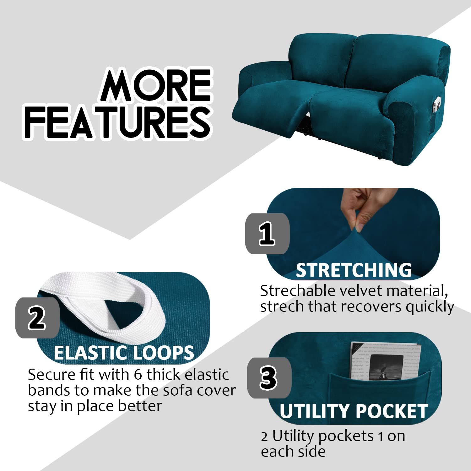 Ulticor Extra Wide 75'' - 100'', Reclining 2 Seater Sofa, Extra Wide Reclining Love Seat Slipcover, 6-Piece Velvet Stretch, Recl