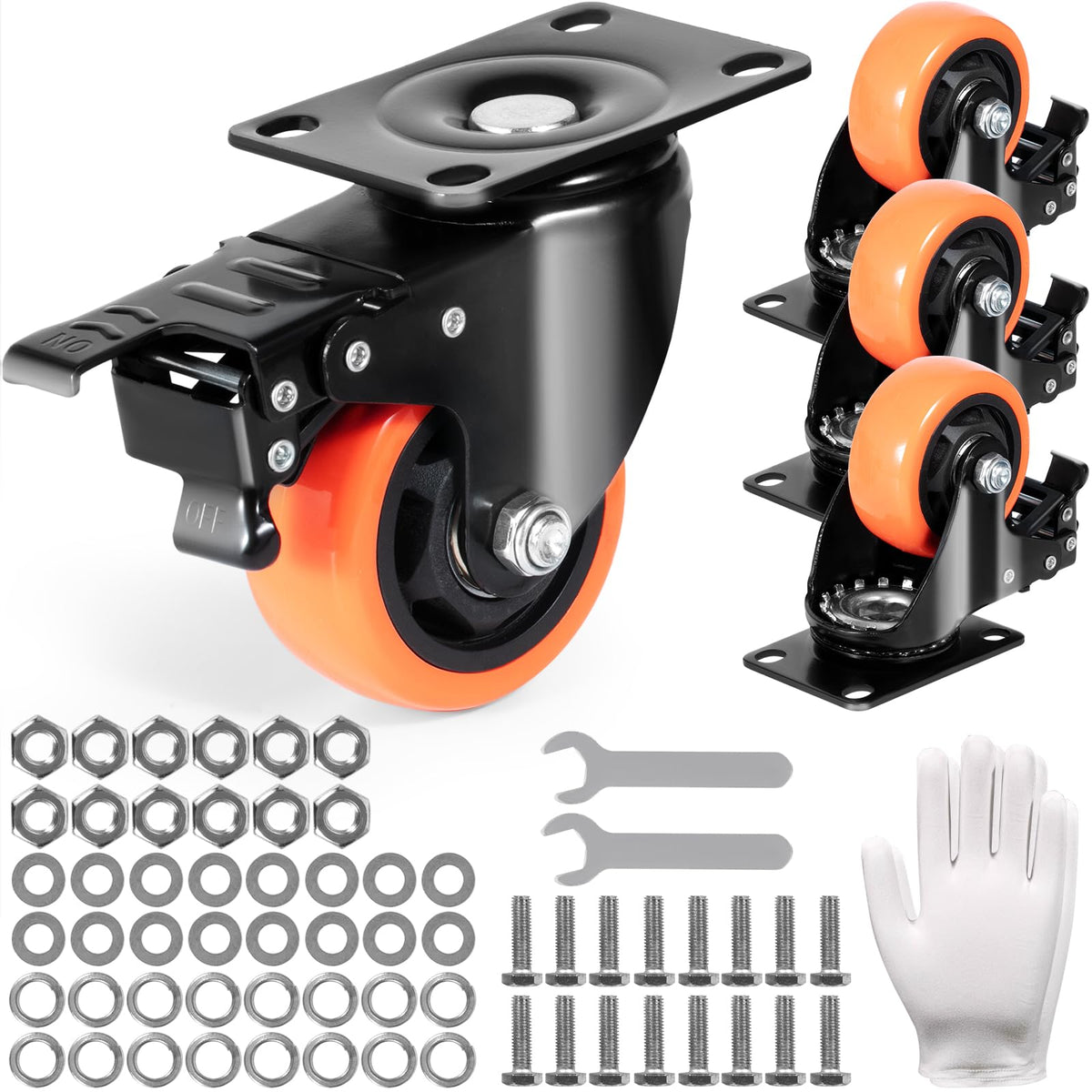 VEVOR Caster Wheels, 3-inch Swivel Plate Casters, Set of 4, with Security A/B Locking No Noise PVC Wheels, Heavy Duty 1000 lbs L
