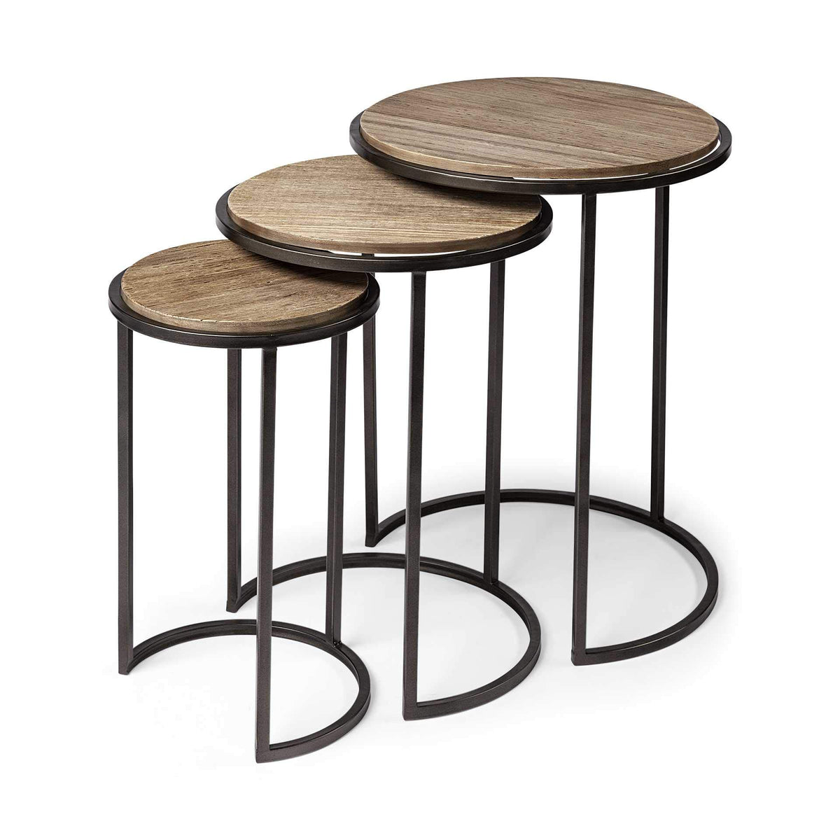 HomeRoots Set of 3 Brown Wood Round Top Accent Tables with Iron Nesting