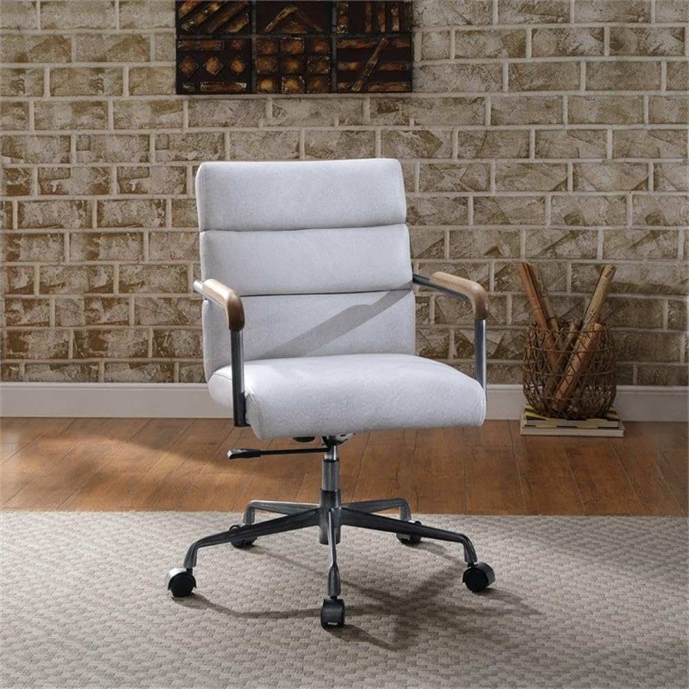 Acme Halcyon Leather Adjustable Height Swivel Office Chair in Vintage White
