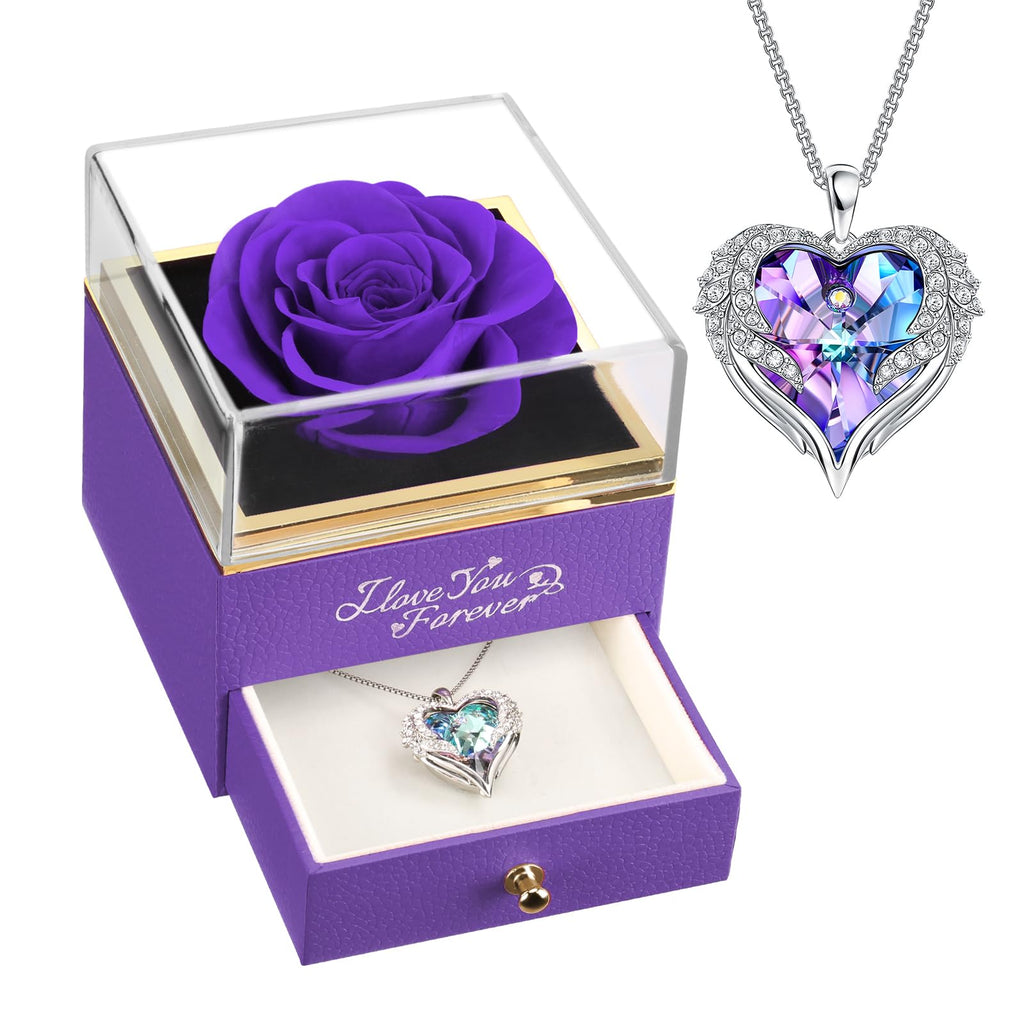 Newnove Mothers Day Gifts - Preserved Real Purple Rose With Angel Wings Necklace - Flower Gifts For Women Wife Girlfriend Mom An