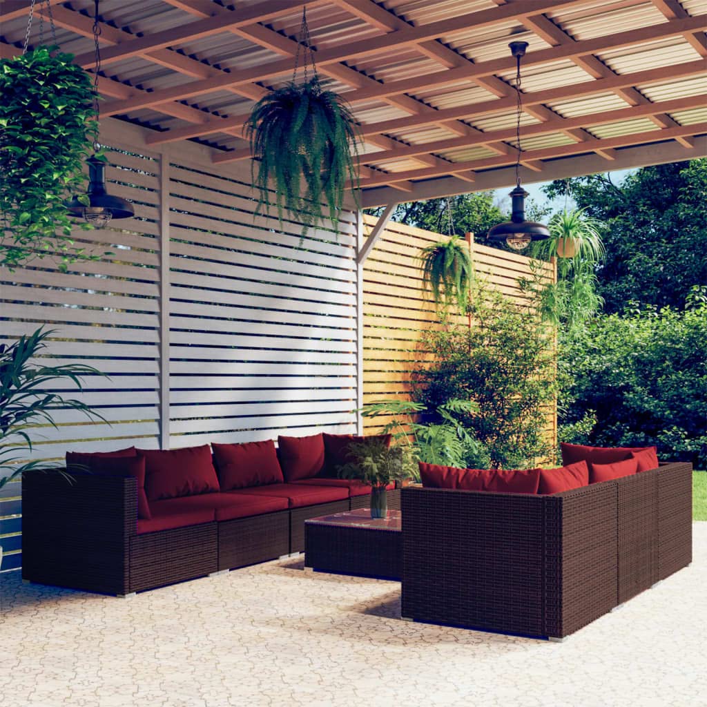 vidaXL 8-Piece Patio Lounge Set with Cushions - Modular Design - PE Rattan - Powder-Coated Steel Frame - Glass Tabletop - Fabric Cushions - Brown/Red