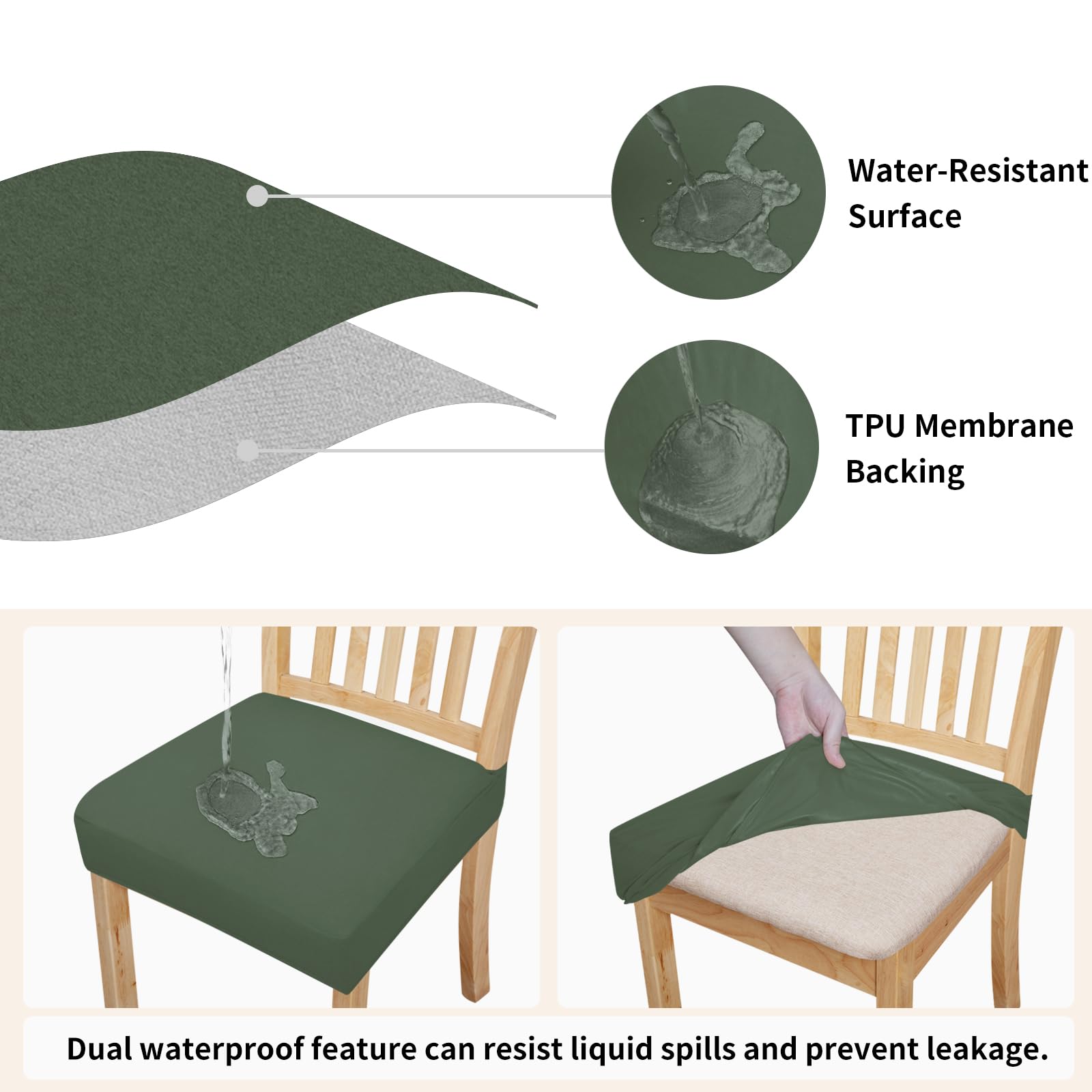 Easy-Going 100% Waterproof Seat Covers For Dining Room Chairs Set Of 8, Stretch Chair Seat Slipcovers Protector Removable And Washable Kitchen Dining Chair Covers, Grayish Green