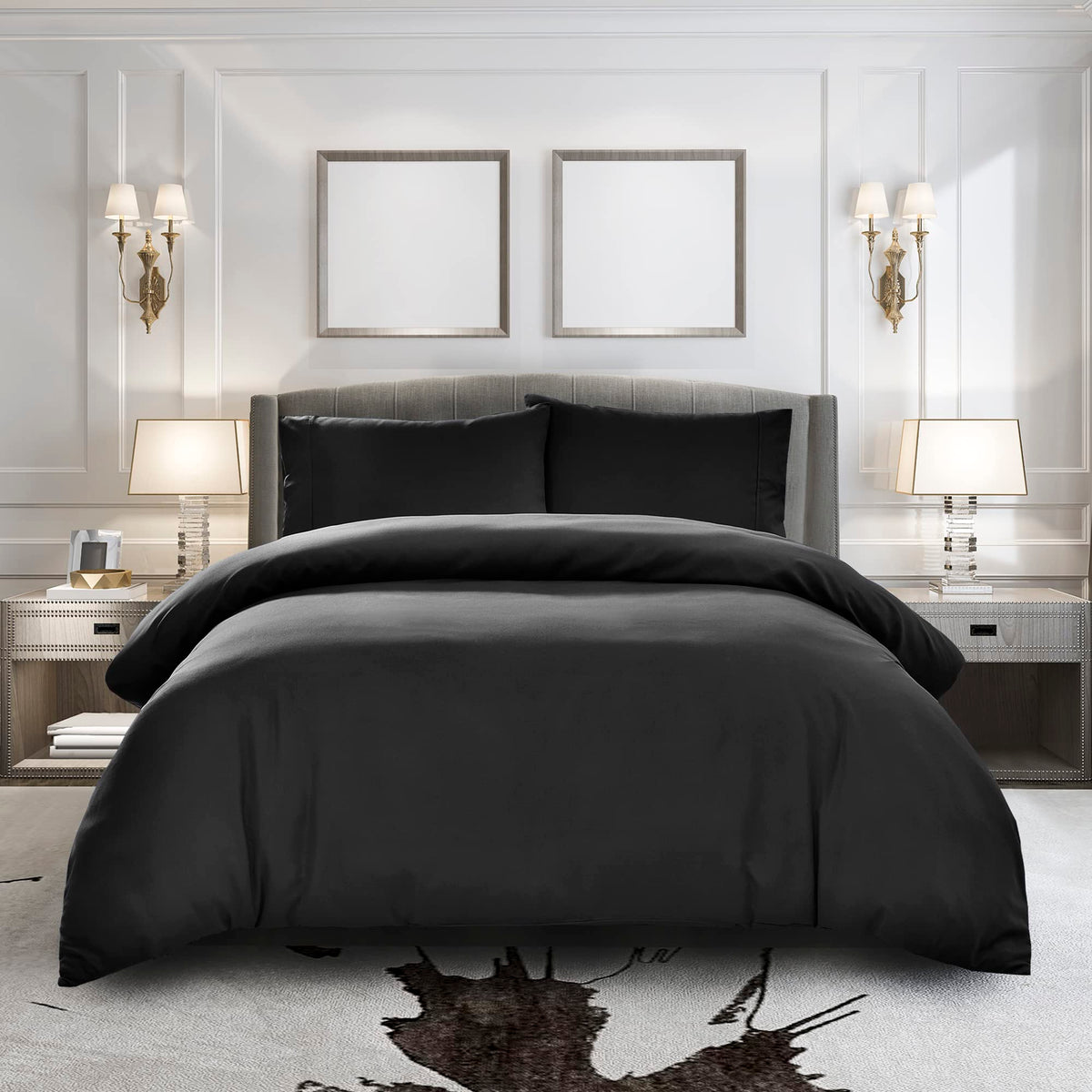 Pure Bedding Duvet Cover Twin [2-Piece, Black] - 1 Comforter Protector With Zipper Flap And 1 Pillowcase - Hotel Luxury 1800 Bru