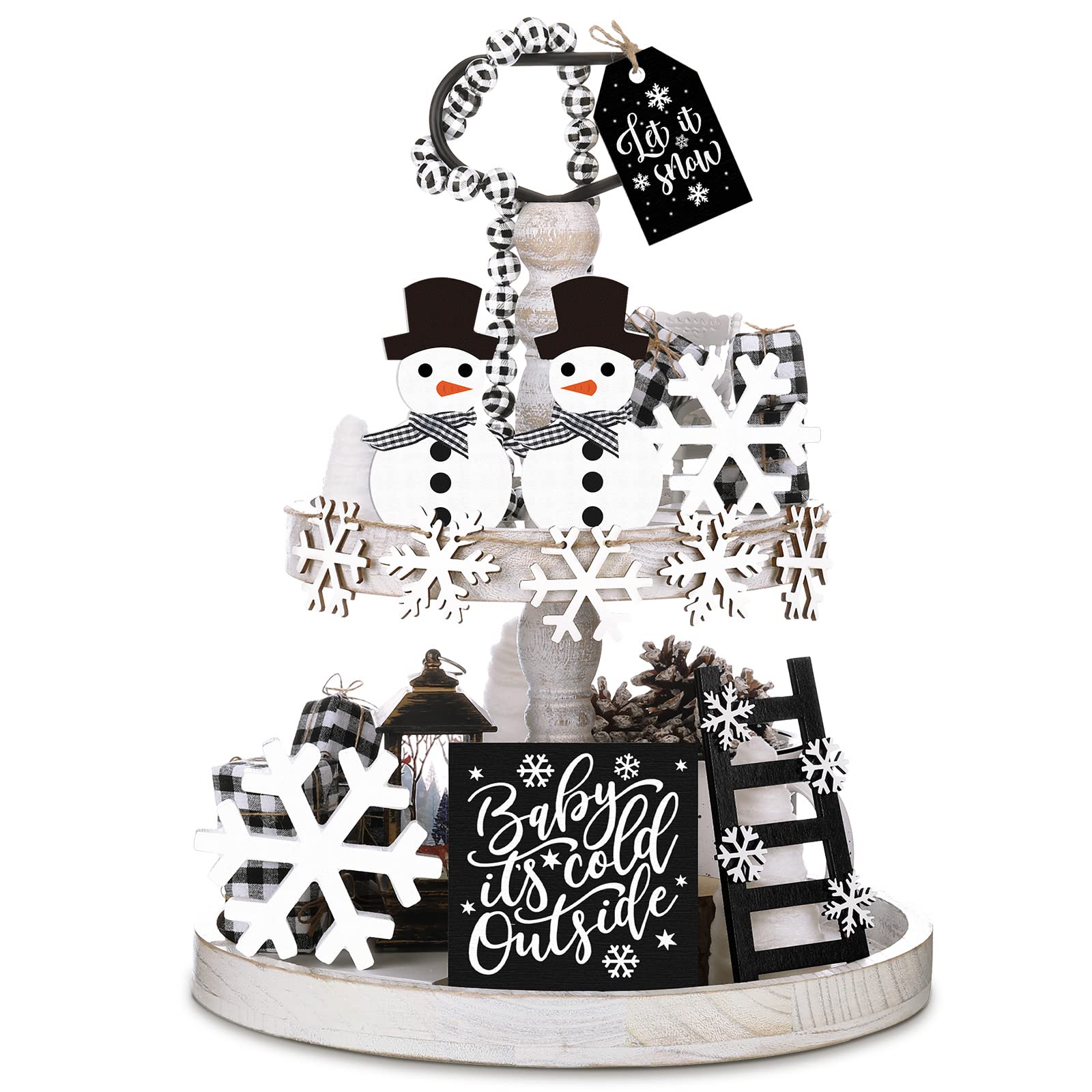 12 Pieces Christmas Winter Tiered Tray Decor Set Snowman Snowflake Table Wood Sign Farmhouse Tabletop Signs for Xmas Winter Home
