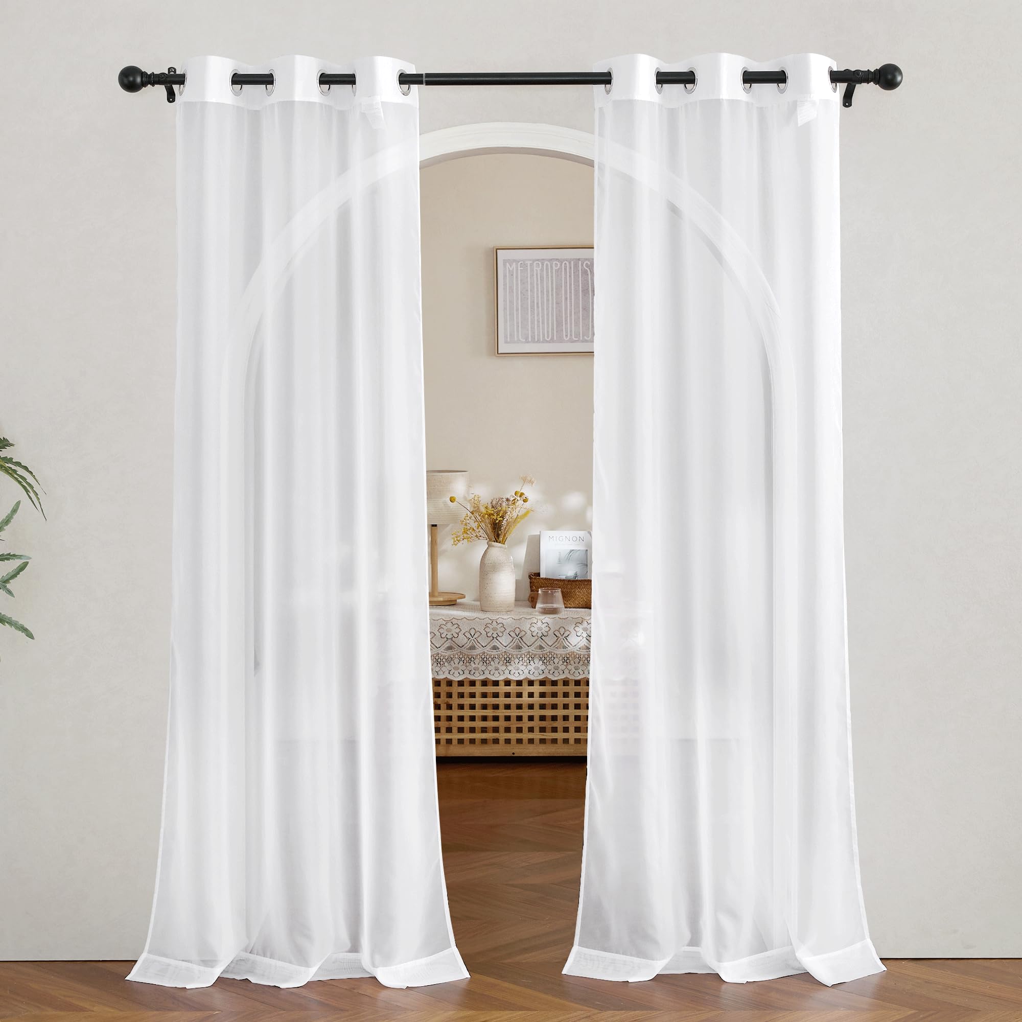 Nicetown White Sheer Curtains 80 Inches Long For Doorway, Grommet Voile Sheer With Light Filtering Window Treatments Elegant Doo