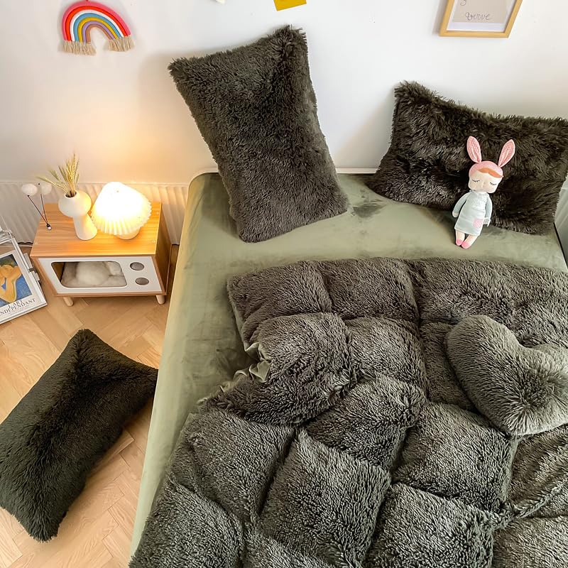 Chovy Faux Fur Plush Blackish Gree Comforter Sets Twin - Ultra Soft Shaggy Flannel Velvet Fluffy Fuzzy 3Pc Bedding Set (Comforte