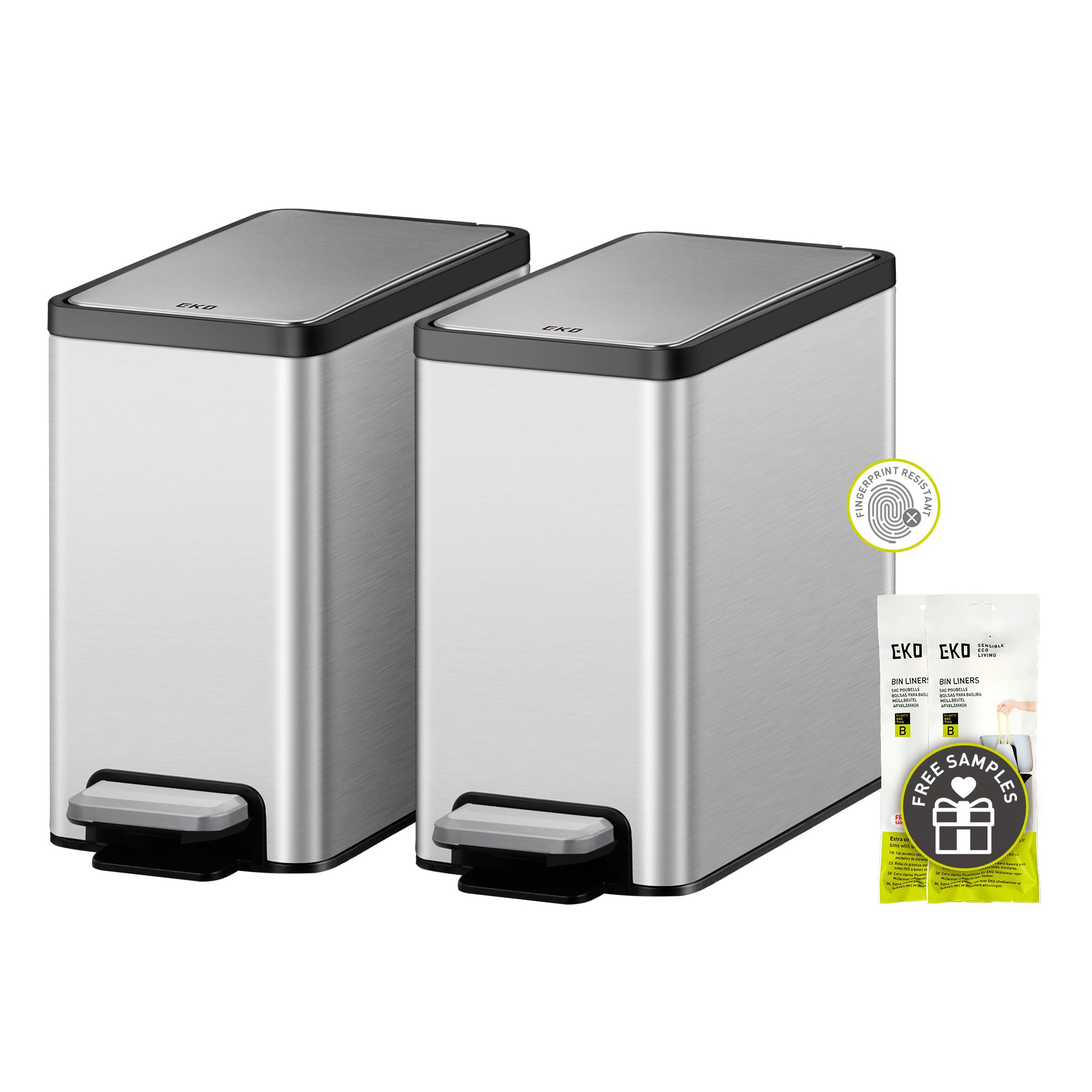 EKO Slim Small Bathroom Trash Can with Lid, Stainless Steel Kitchen Garbage Can with Removable Inner Bucket, 6L / 1.6 Gal 2 Pack