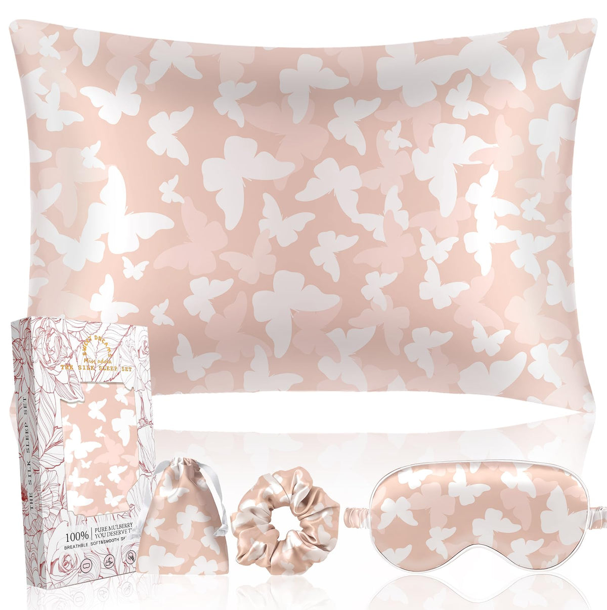 Miss Adola Mulberry Silk Pillow Case For Hair And Skin 19 Momme Standard 26'X20' Butterfly Silk Pillowcase With Eye Mask & Scr