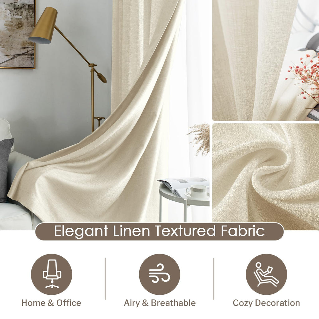 Melodieux Beige Semi Sheer Curtains 72 Inches Long For Bedroom, Living Room Linen Look Privacy Window Rod Pocket Sheer Drapes, 5