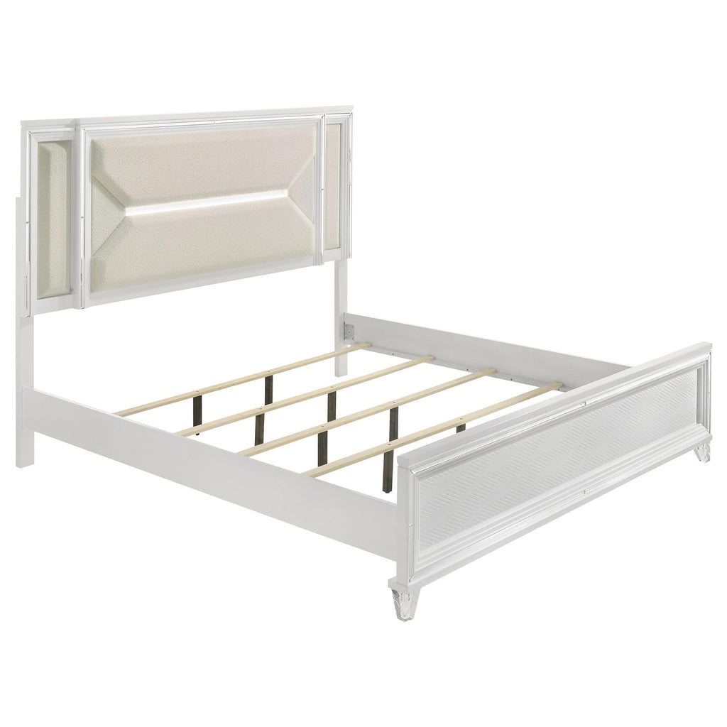 Coaster Home Furnishings Marmore Contemporary 5-Piece Bedroom Set Boucle Upholstered Eastern King Size LED Panel Bed Frame 64-inch Headboard White 224961KE-S5