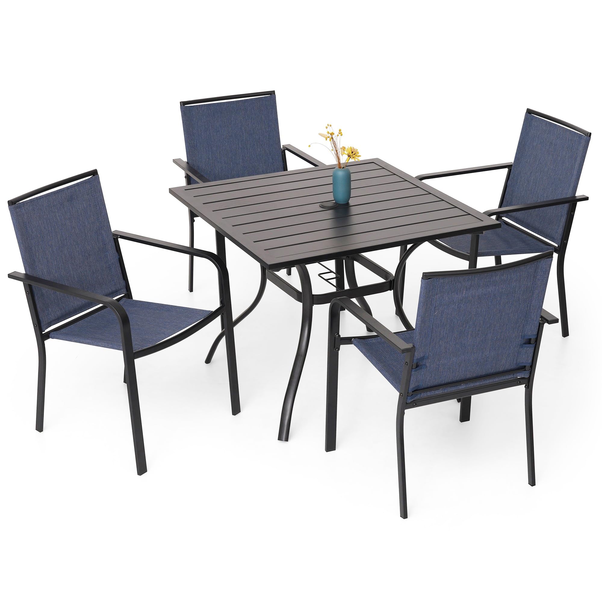 Anumutig 5-Piece Outdoor Dining Set, 35Square Table With 4 Stackable Patio Chairs, All Weather Frame Furniture Set - Navy
