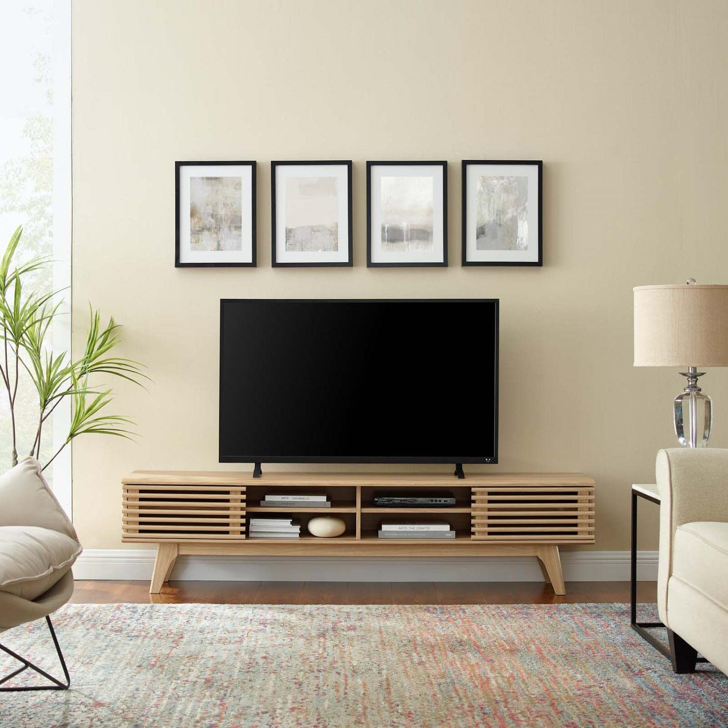 Modway Render Mid-Century Modern Low Profile 70 Inch Media Console TV Stand in Oak, 70&quot;