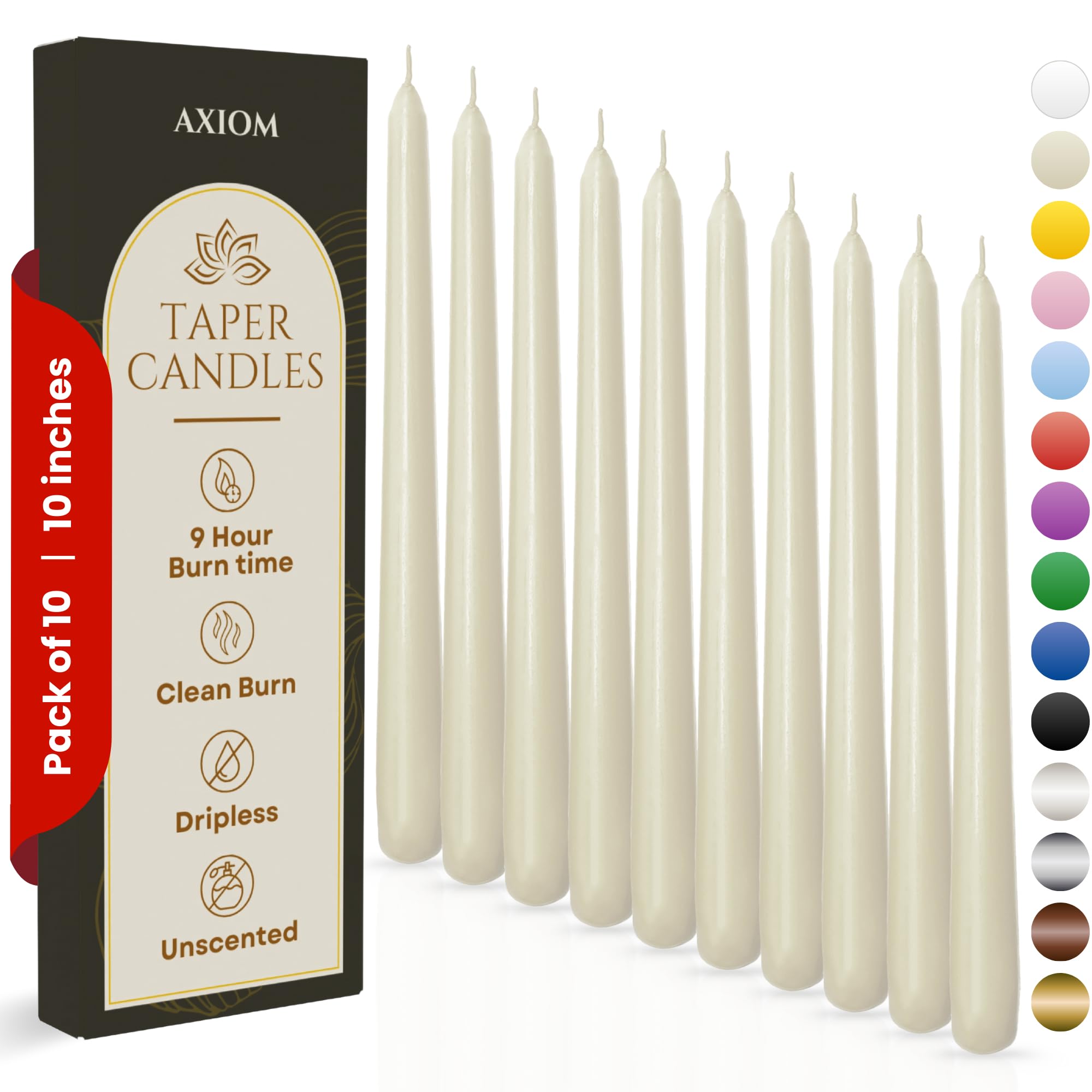 Axiom Candles - 10 Inch Dripless - Unscented Smokeless Tall Candle Sticks - 9 Hour Burn Time - Tapered Candles for Home, Dinners