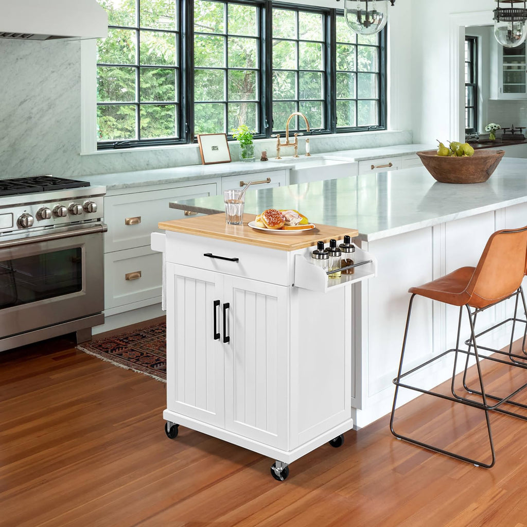 Yaheetech Kitchen Cart With Drawer, Kitchen Island On Wheels With Storage Rack & Cabinets, Microwave Cart For Kitchen With Storage, Rolling Coffee Cart Station, White