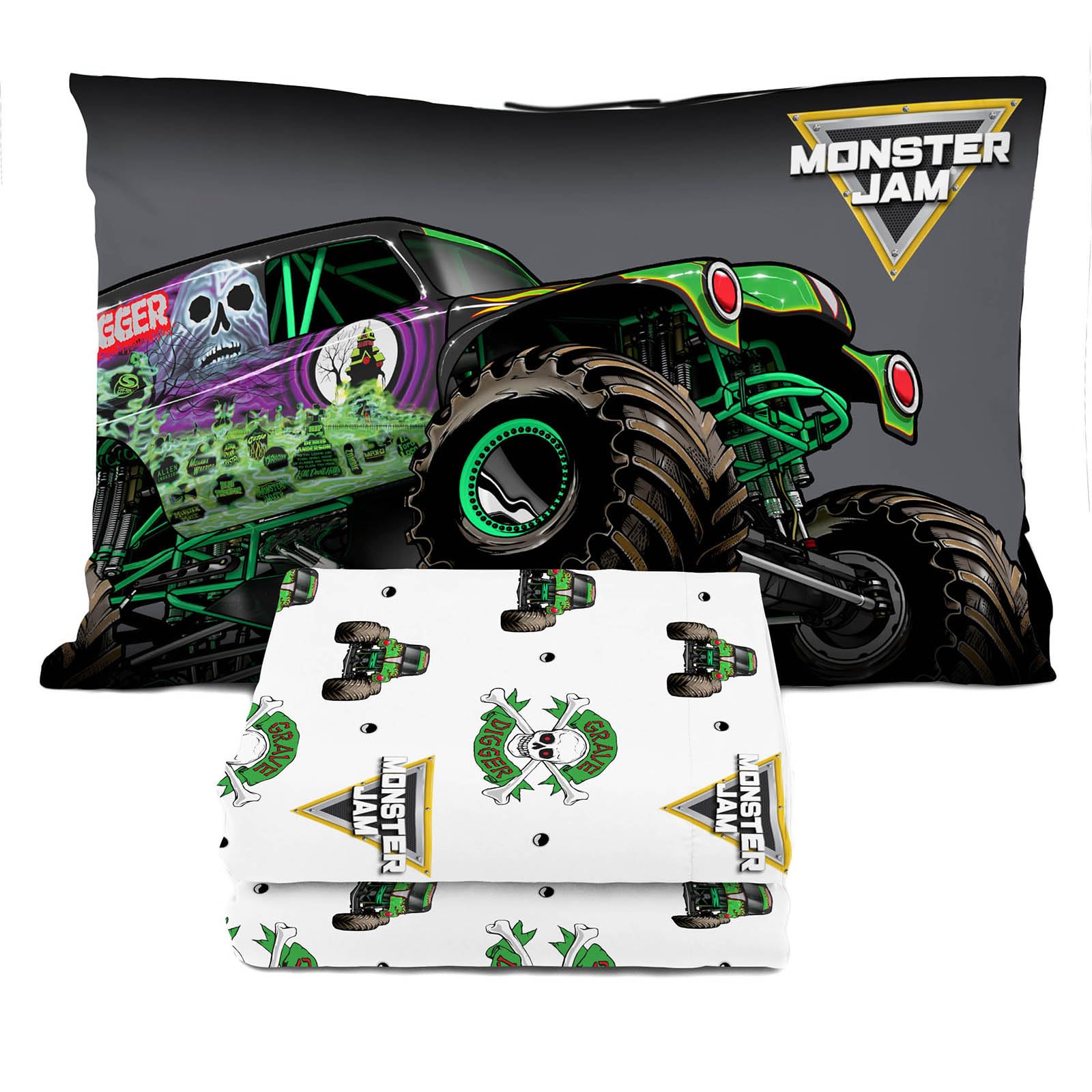 Sunny Side Up Monster Jam Grave Digger Twin Sheet Set - 3 Piece Kids Bedding Set Includes Pillow Cover - Super Soft Microfiber S