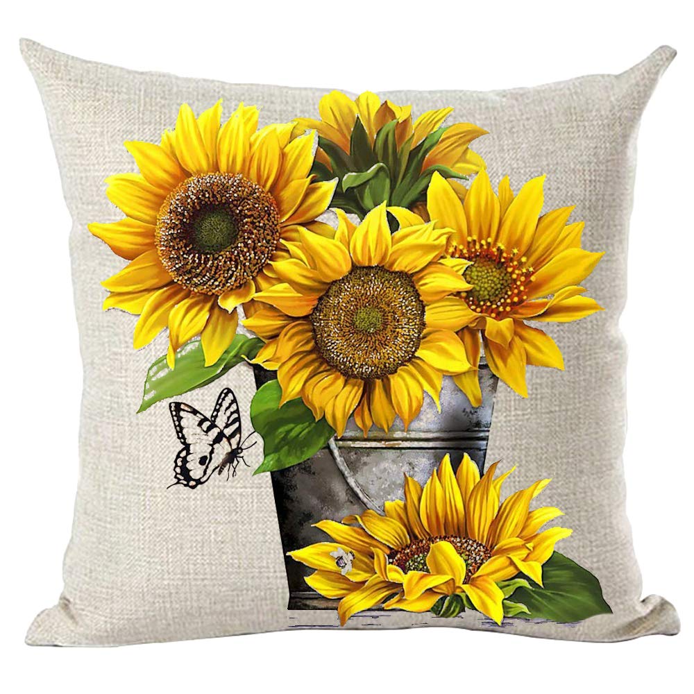 Ramirar Ink Painting Watercolor Yellow Brown Sunflowers Butterfly Summer Decorative Throw Pillow Cover Case Home Living Room Bed