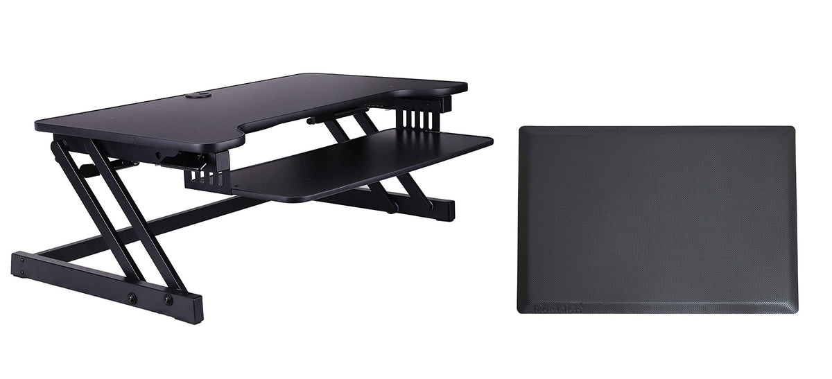 Rocelco 37.5&quot; Deluxe Height Adjustable Standing Desk Converter with Anti Fatigue Mat BUNDLE - Quick Sit Stand Up Computer Workstation Riser - Large Retractable Keyboard Tray - Black (R DADRB-MAFM)