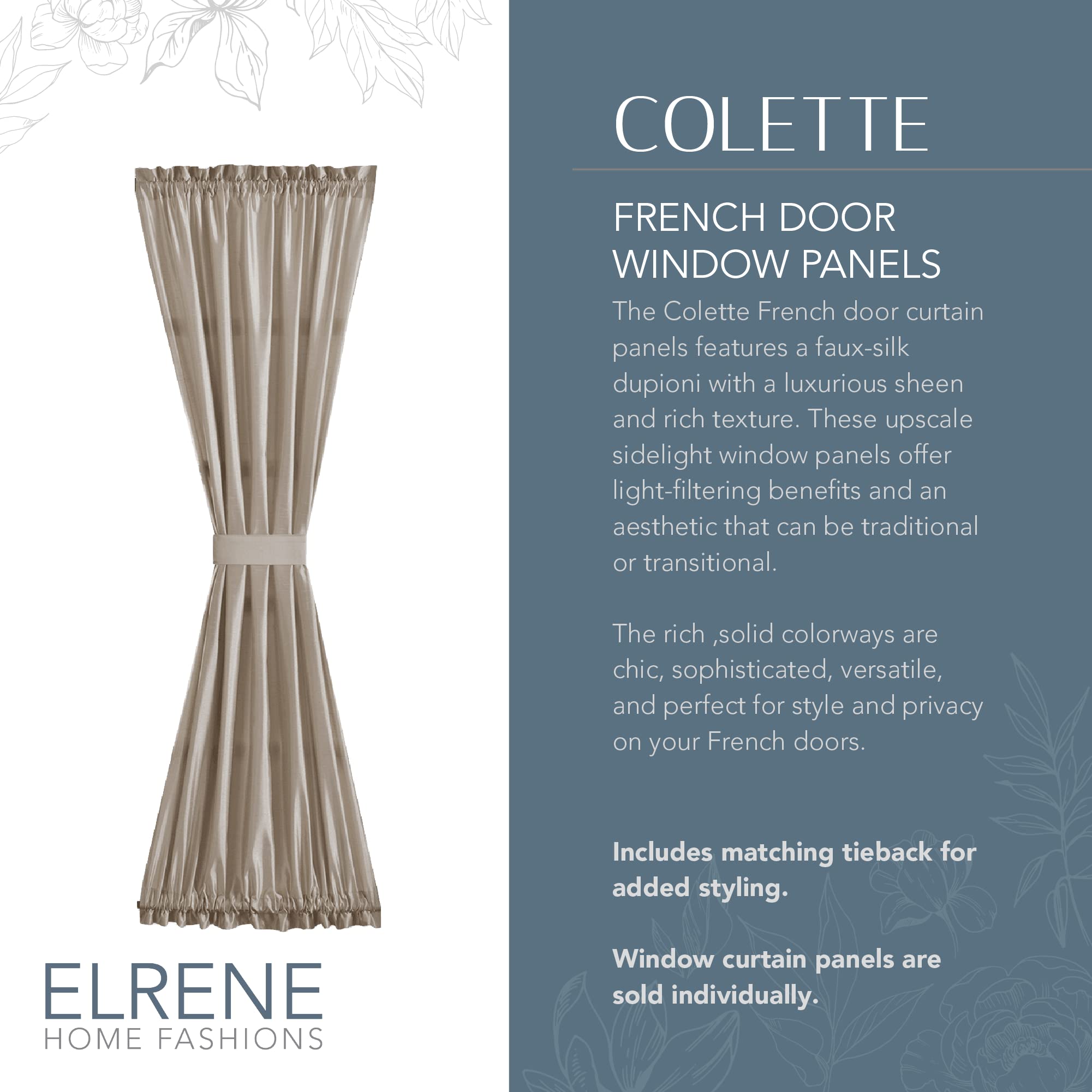 Elrene Home Fashions Colette Faux-Silk French Door Window Panel, 54 In X 72 In (1 French Door Panel), Taupe
