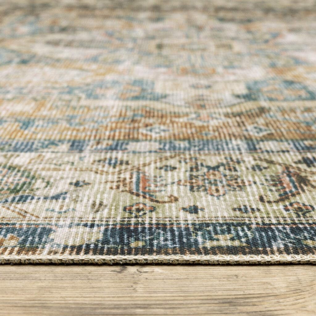 HomeRoots 510370 7 x 10 ft. Blue Gold Brown Green & Salmon Oriental Printed Stain Resistant Non Skid Rectangle Area Rug