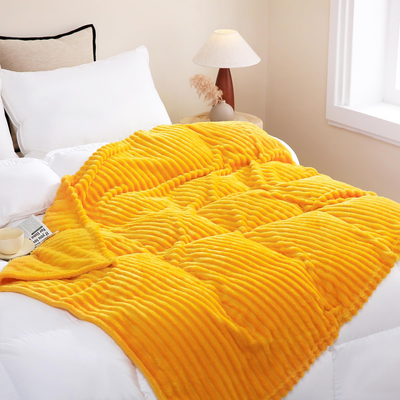 Linecooo Gold Fleece Throw Blanket 108     90    For Couch Sofa Bed,Super Soft Cozy Plush Microfiber Flannel Blanket With Stripe