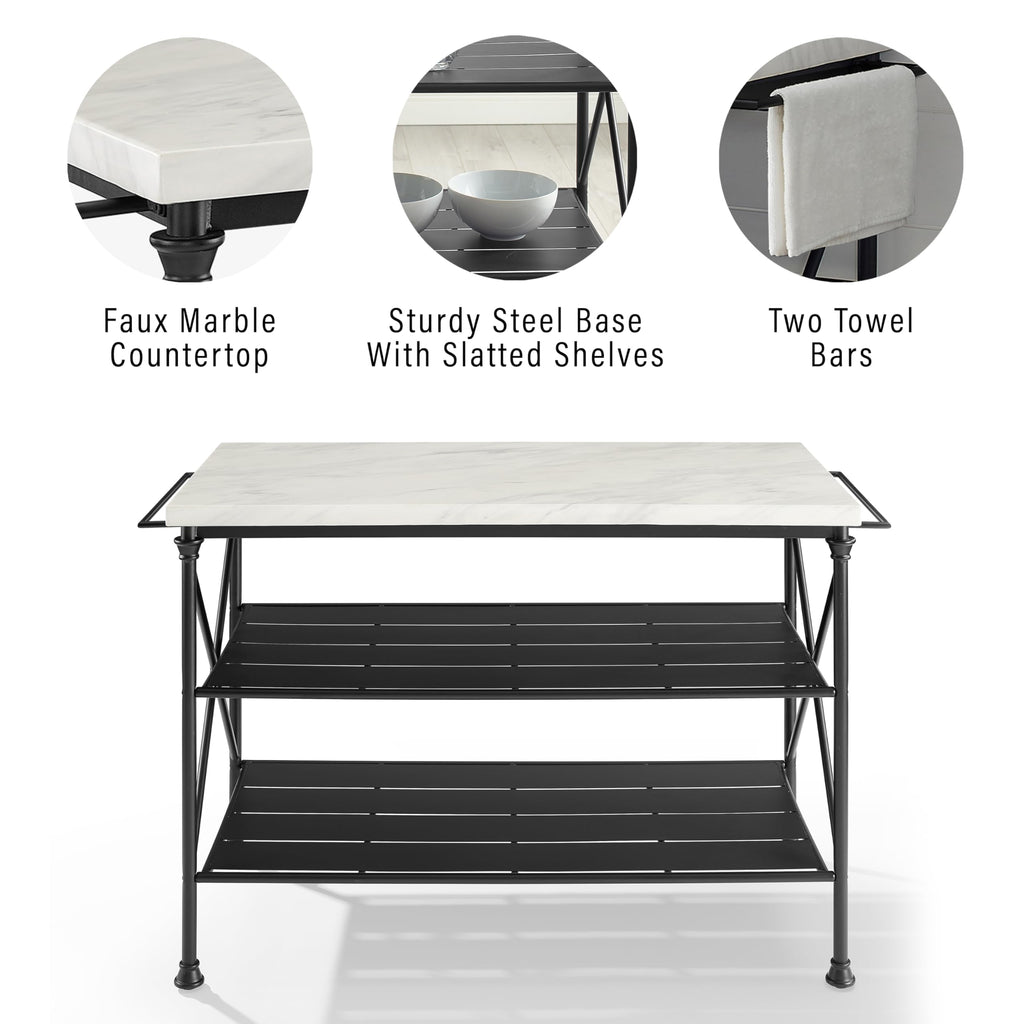 Crosley Furniture Madeleine Kitchen Island With Shelves For Storage, Microwave Stand, Coffee Bar, Steel With Faux Marble Top