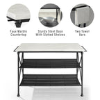 Crosley Furniture Madeleine Kitchen Island With Shelves For Storage, Microwave Stand, Coffee Bar, Steel With Faux Marble Top