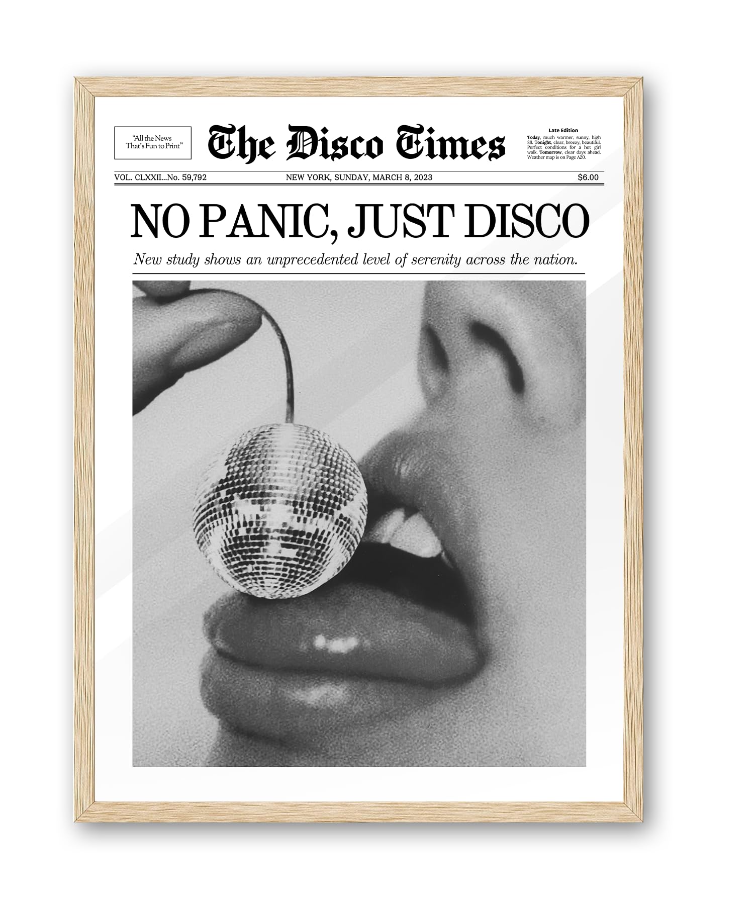 iHery No Panic Just Disco Framed Trendy NewsPaper Wall Art,Beige OAK Wood 12x16in Canvas Bedroom Wall Art, Cherry Disco Ball Hea