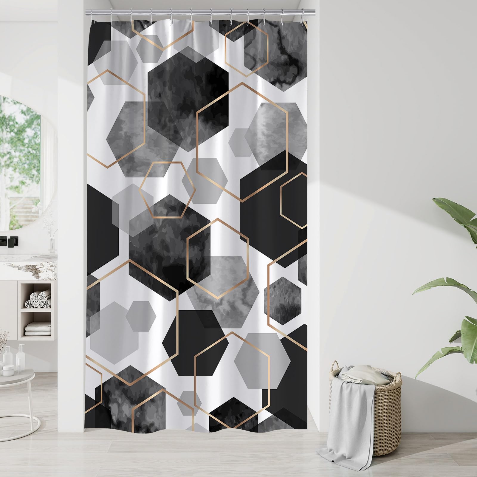 Litabel Modern Small Stall Shower Curtain For Bathroom, Black Geometric Art Decor Waterproof Bath Curtain, Abstract Fabric Showe