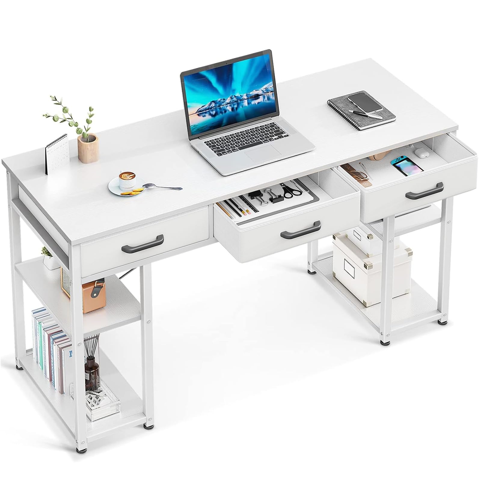 Odk Office Small Computer Desk: Home Table With Fabric Drawers & Storage Shelves, Modern Writing Desk, White, 48'X16'