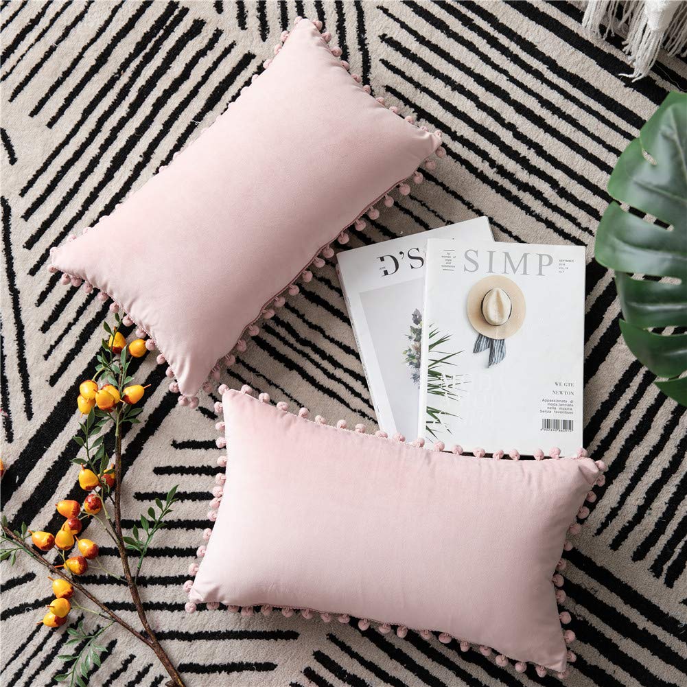 Dezene 12X20 Throw Pillow Covers Pink: 2 Pack Cozy Soft Pom-Poms Velvet Rectangular Decorative Pillow Cases For Farmhouse Home D