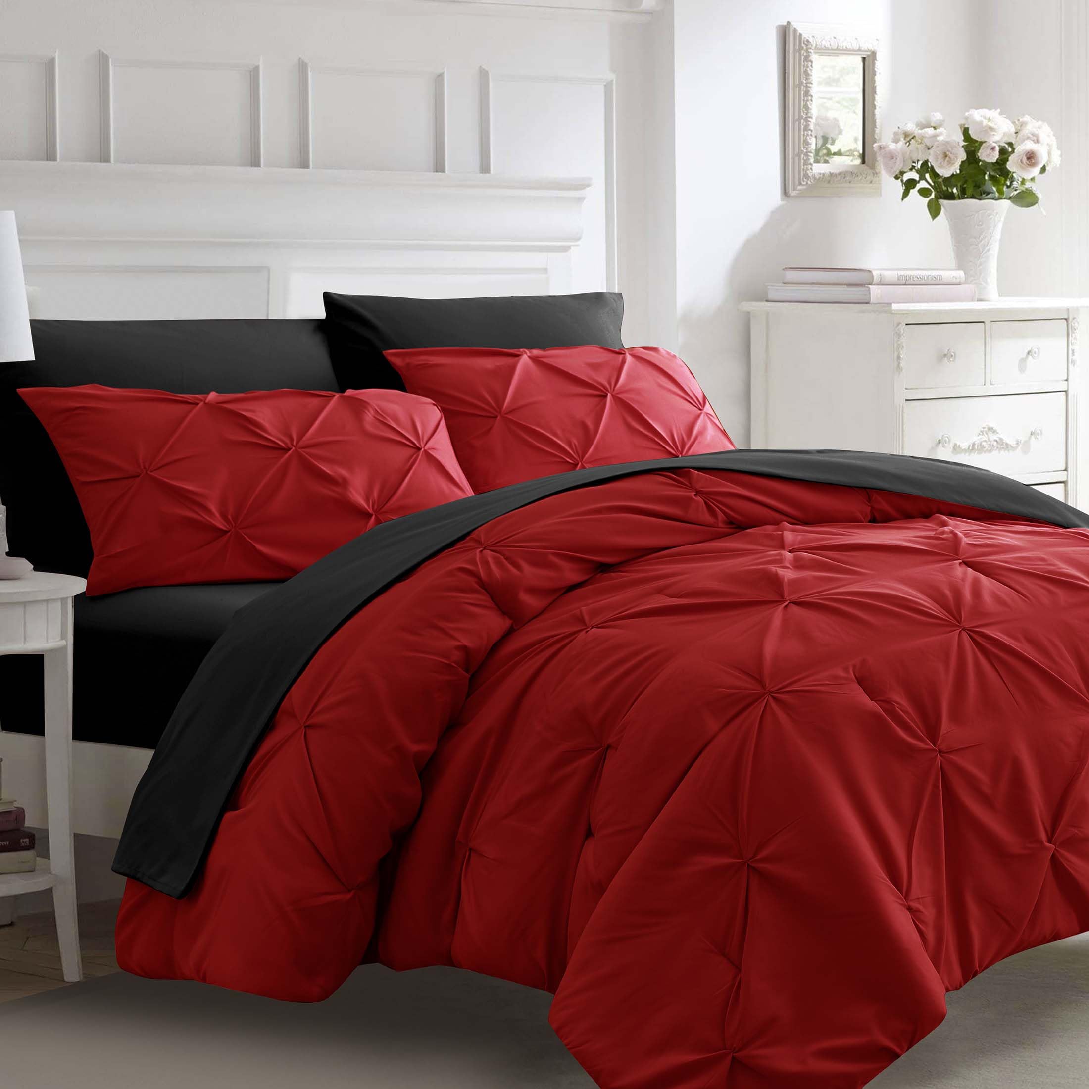 Ubauba 7Pc King Size Comforter Set With Sheets, All Season Pintuck 7 Piece Bedding Sets Red And Black, Pinch Pleating Bed In A B