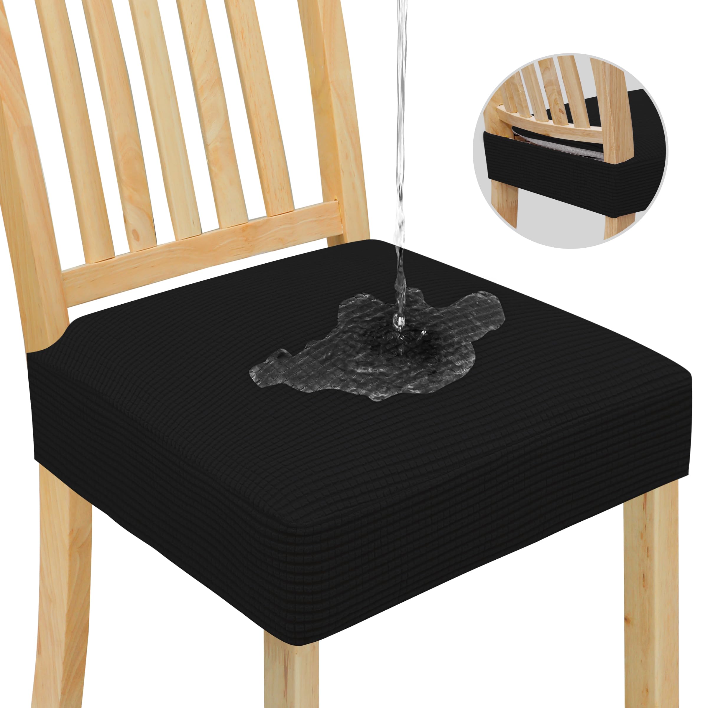 Easy-Going 100% Waterproof Seat Covers For Dining Room Chairs, Stretch Jacquard Chair Seat Slipcovers Removable And Washable Kitchen Dining Chair Covers (Set Of 8, Black)