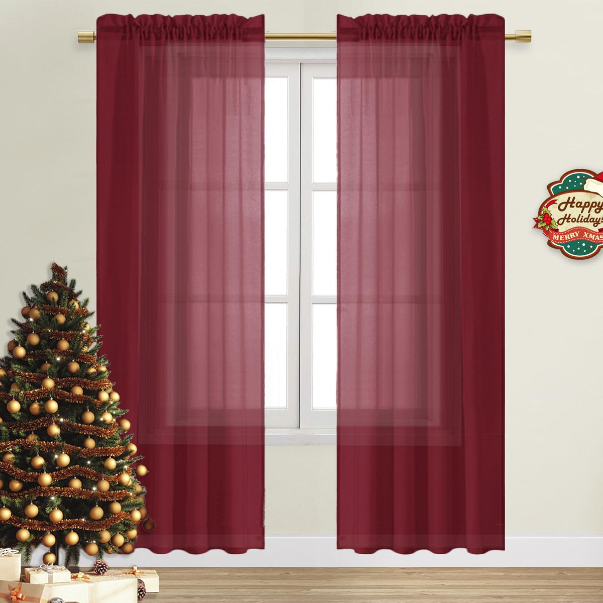 Dwcn Christmas Burgundy Sheer Curtains Semi Transparent Voile Rod Pocket Curtains For Bedroom And Living Room, 52 X 108 Inches L