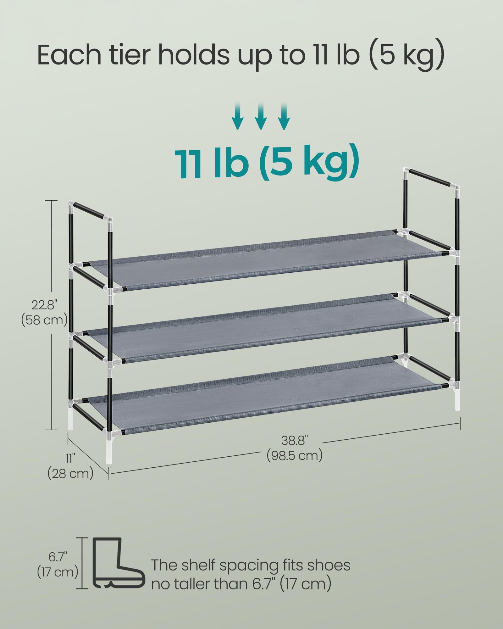 Songmics 3-Tier Shoe Rack, Shoe Storage For Hallway Closet, Slim And Space-Saving, Metal Frame, Non-Woven Fabric Shelves, Dove Gray And Ink Black Ulsh053G01