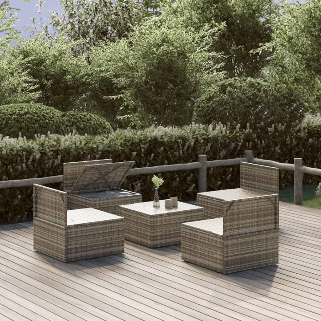 vidaXL - Modern 5 Piece Patio Lounge Set in Gray Poly Rattan with Cushions, Durable Weather Resistant Outdoor Furniture with Storage Function