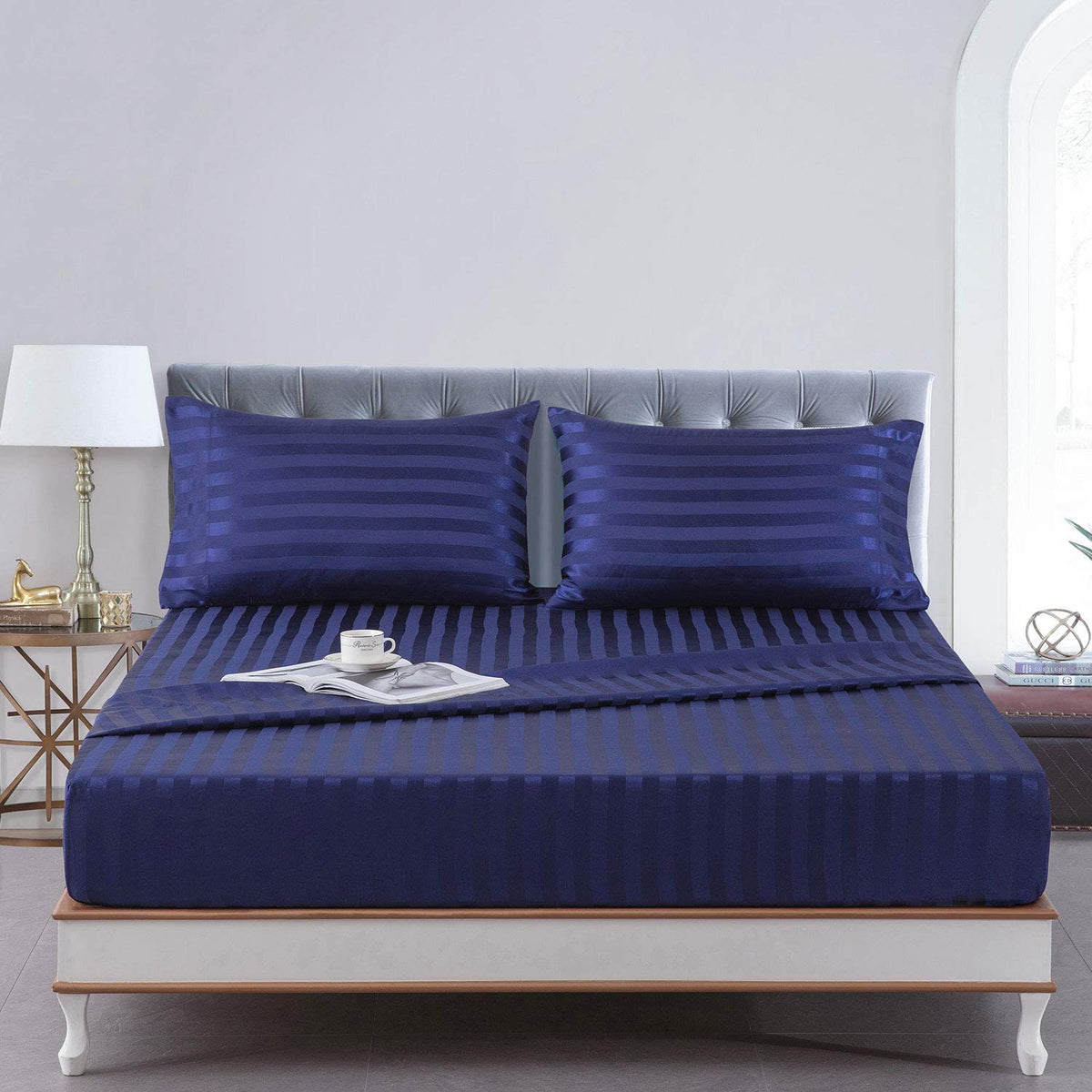 Satin-Silk Sheets King Size Bed Set, Navy Blue Soft Cooling Deep Pocket King Sheets, Hypoallergenic, Wrinkle And Fade Resistant