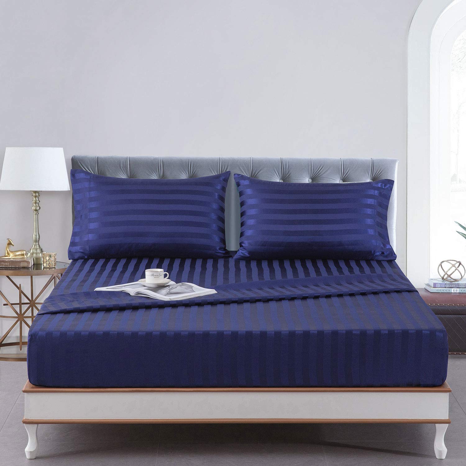 Satin-Silk Sheets California King Size Bed Set, Navy Blue Soft Cooling Deep Pocket Cal King Sheets, Hypoallergenic, Wrinkle And