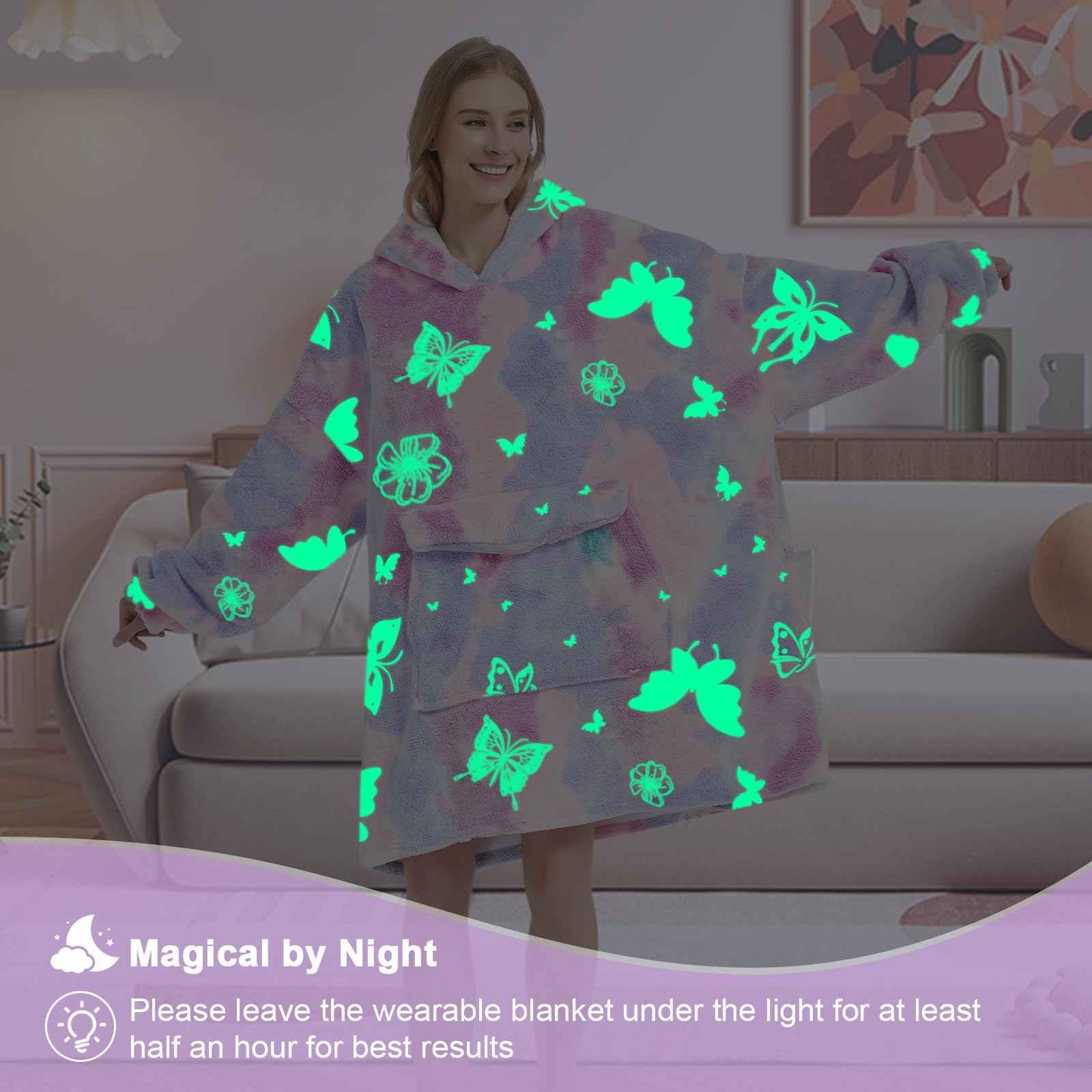 Glow In The Dark Butterfly Wearable Blanket Hoodie For Adult,Oversized Sherpa Fleece Blanket Hoodie For Women,Wearable Blanket H