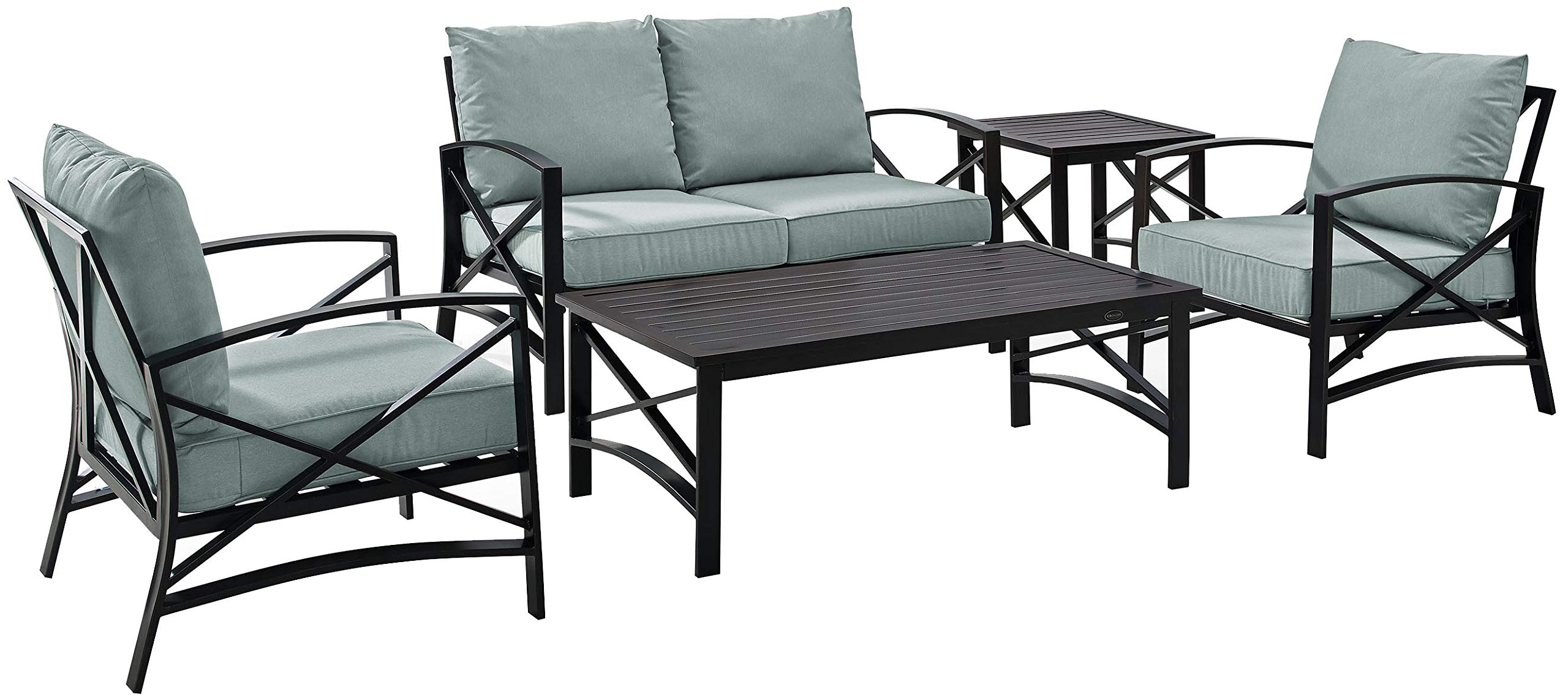 Crosley Furniture Ko60015Bz-Mi Kaplan Outdoor Metal 5-Piece Seating Set (Loveseat, 2 Arm Chair, Side And Coffee Table), Oiled Bronze With Mist Cushions