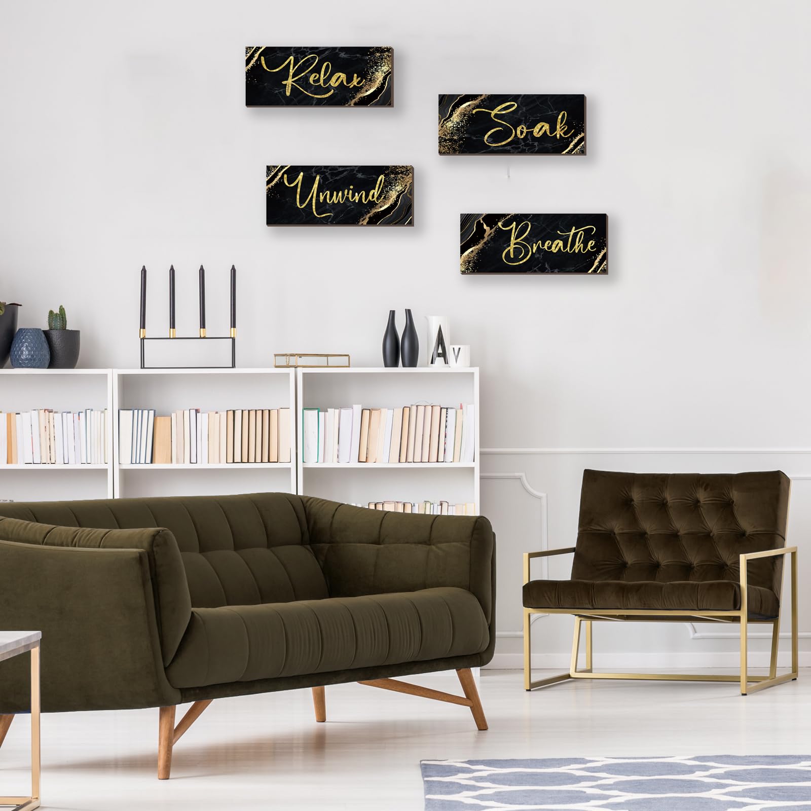 Onizhity 4 Pcs Black And Gold Bathroom Decor Black Gold Wall Decor Relax Soak Unwind Breathe Wooden Rustic Marble Style Bathroom
