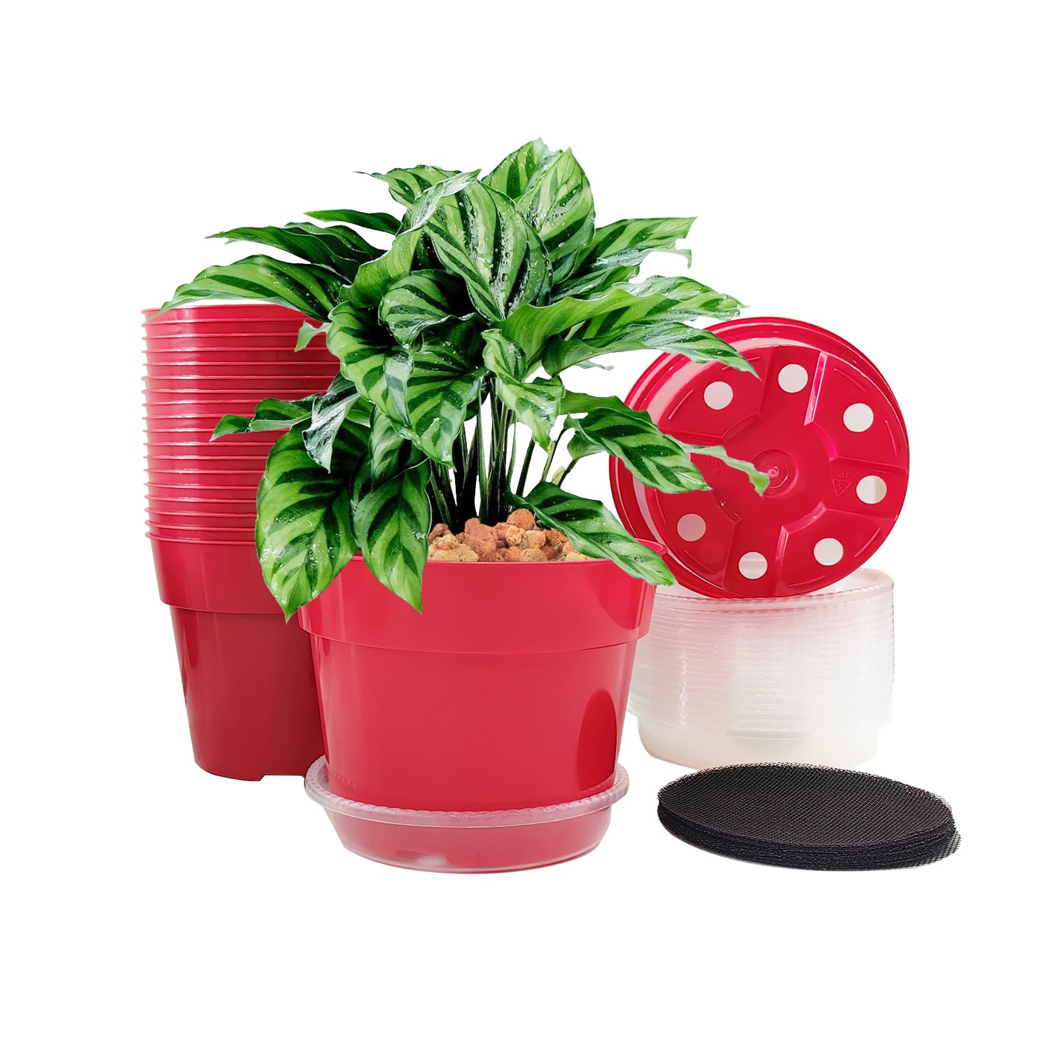 Rootrimmer 6 Inch/15Cm Top Diameter Plastic Flower Planter Pots 20 Pack Bright Red Color, 20 Pcs Water Collecting Trays, Pot Sau