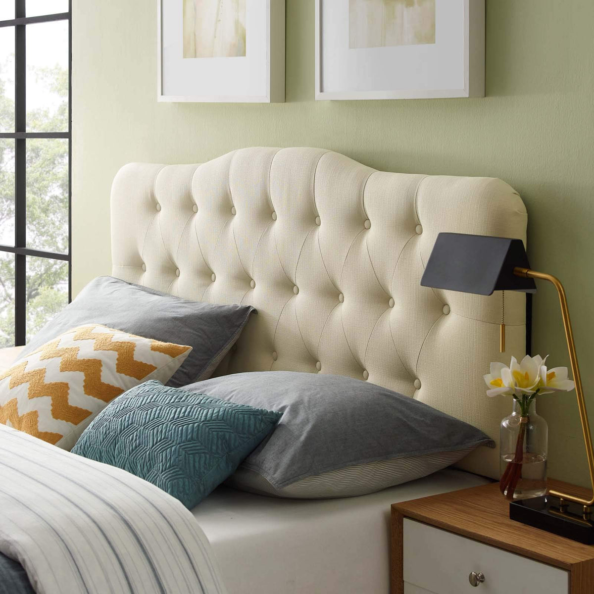 Modway Annabel Tufted Button Linen Fabric Upholstered Queen Headboard in Ivory