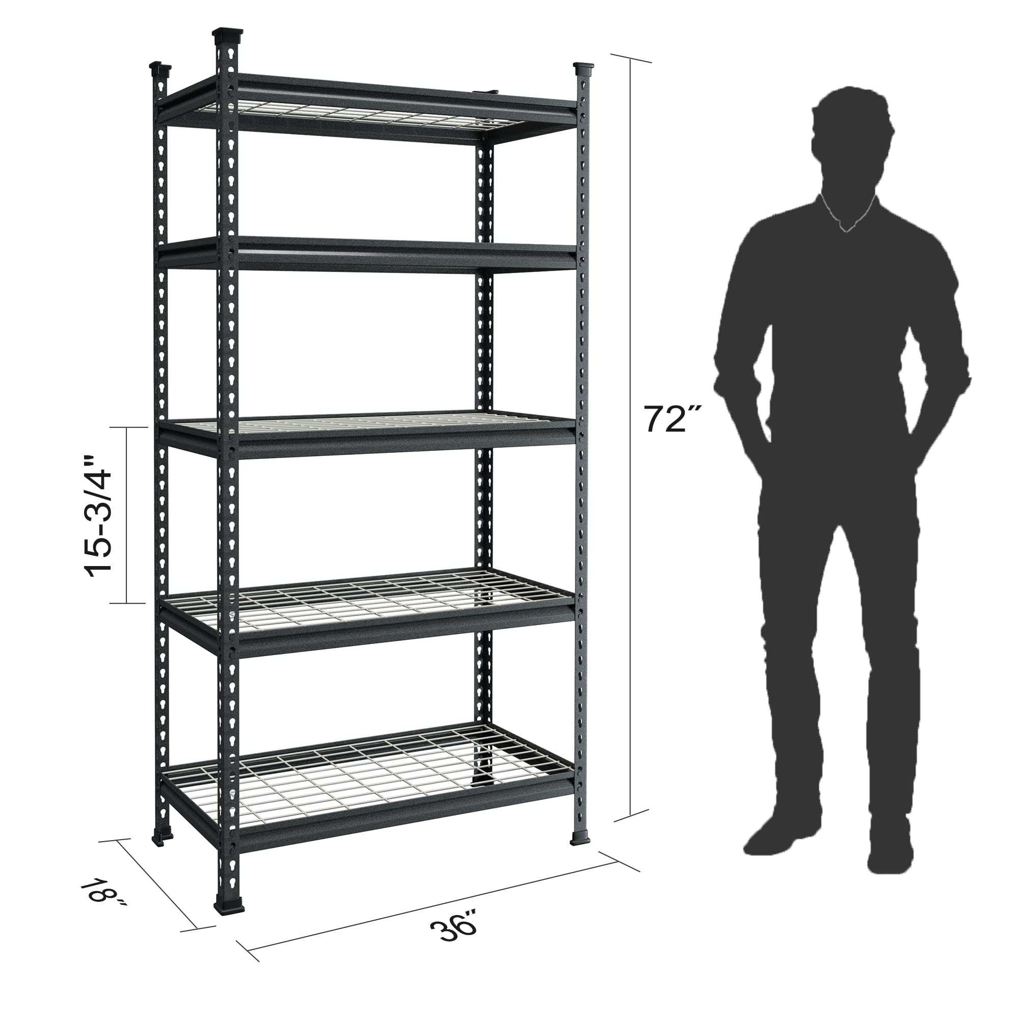 Workpro 5-Tier Metal Storage Shelving Unit, 36”W X 18”D X 72”H, Adjustable Storage Rack Heavy Duty Shelf, 4000 Lbs Load Capacity (Total), For Garage, Kitchen, Bathroom, Warehouse, Black/Silver