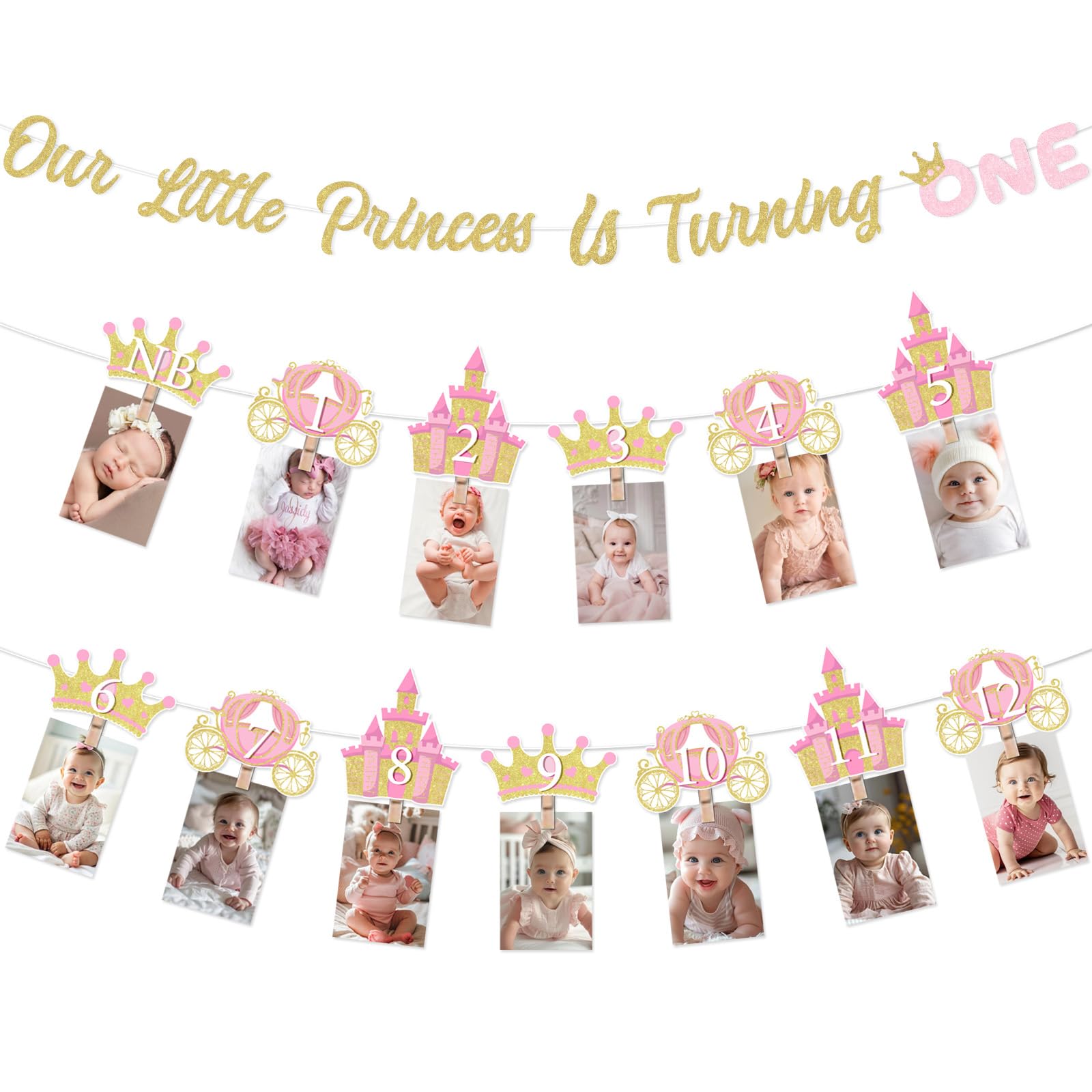 Jollyboom Princess First Birthday Decorations Girl, Princess Theme 1st Birthday Photo Banner Crown Our Little Princess Is Turnin