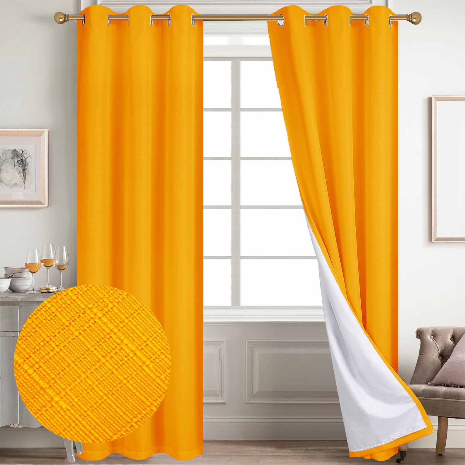 Diraysid 100% Blackout Curtains Yellow Linen Curtains For Bedroom Grommet Thermal Insulated Room Darkening Drapes (2 Panels, W42