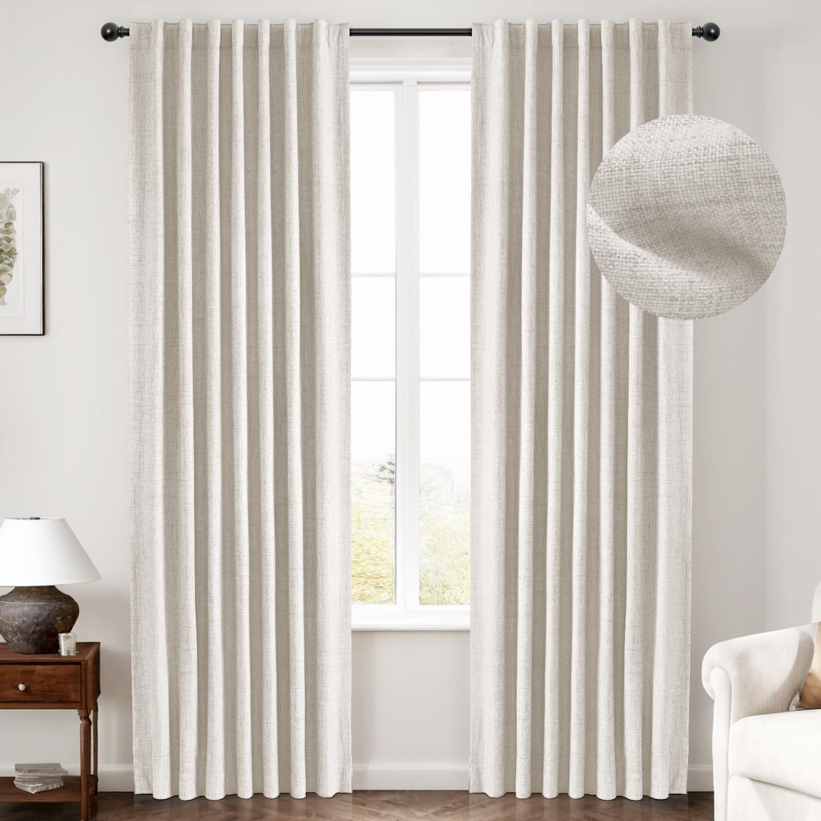 INOVADAY 100% Blackout Curtains for Bedroom, Thermal Insulated Linen Blackout Curtains 102 Inches Long 2 Panels Set, Back Tab/Ro
