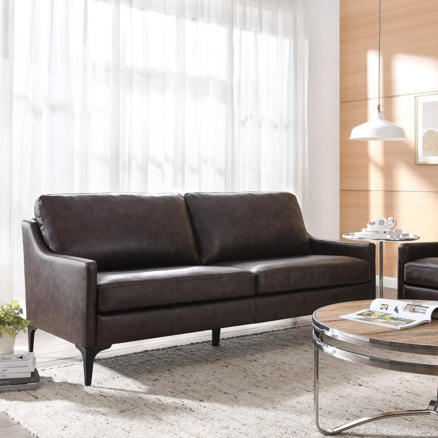 Modway Corland Modern Style Leather And Metal Sofa In Brown Finish