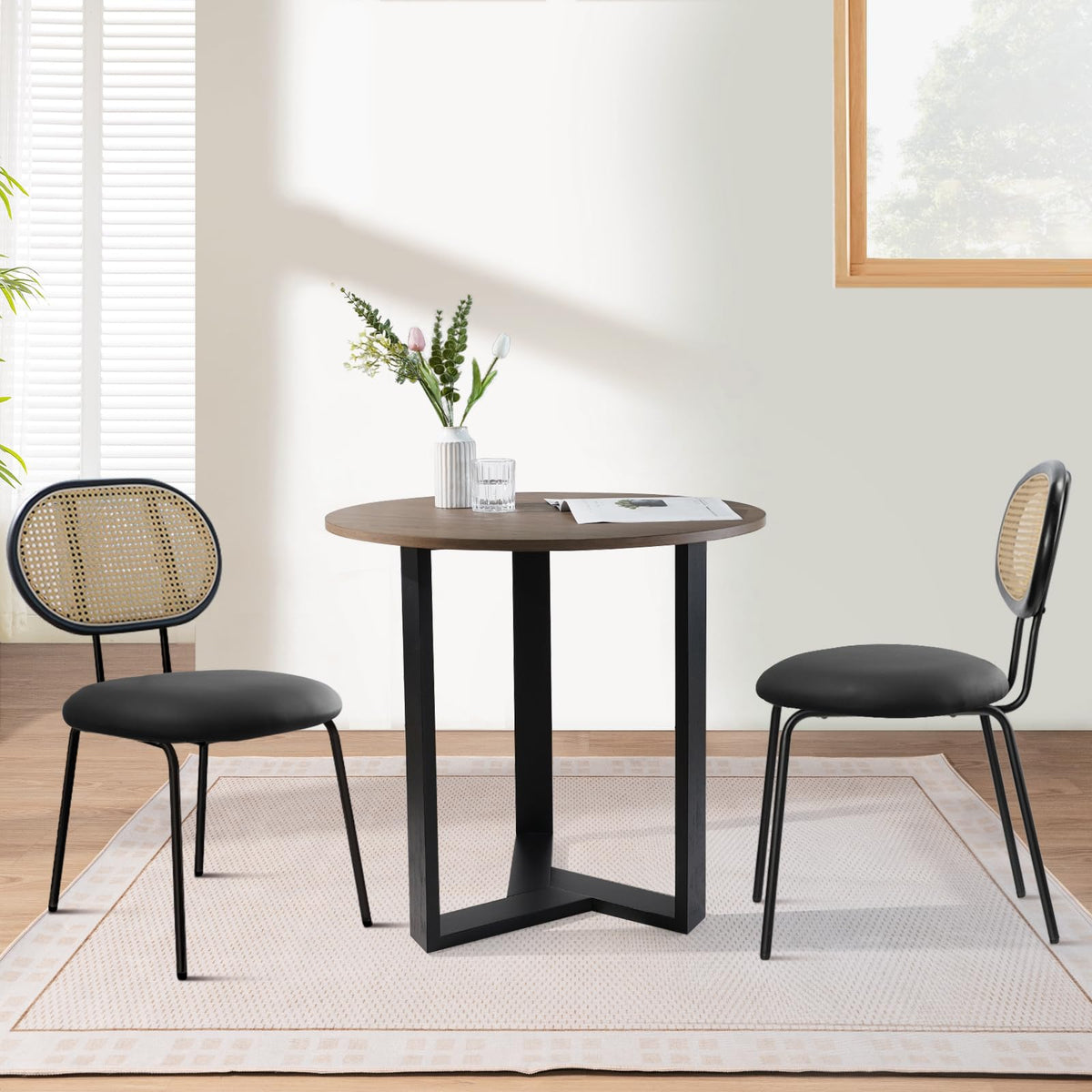 Kithkasa Round Dining Table Set, 31.5' Mid Century Modern, Black Leather Dining Chairs Set Of 2